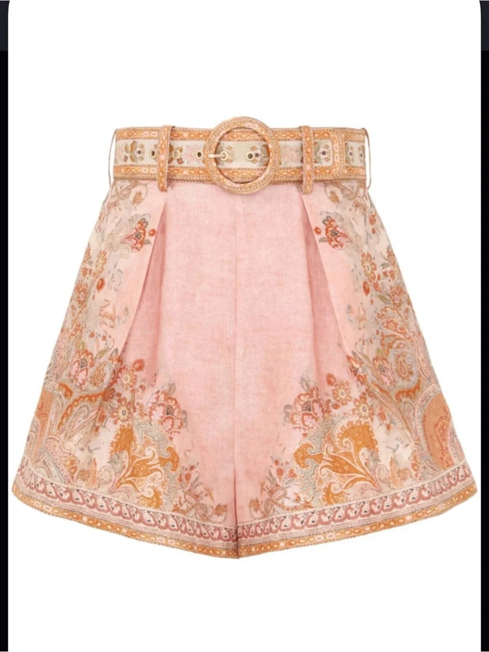 Zimmermann Pink Paisley High-Waist Shorts with Belt
